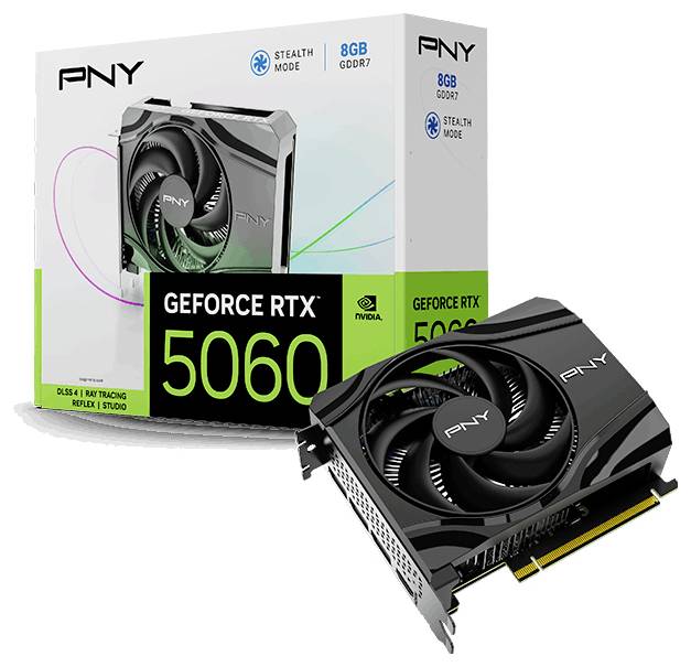 Grafická karta PNY GeForce RTX 5060 s 8GB pamětí GDDR7 zobrazená vedle svého obalu, která zdůrazňuje produkt s brandingem NVIDIA.