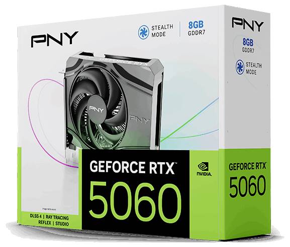Krabice grafické karty PNY GeForce RTX 5060 se zvýrazněnými funkcemi "Stealth Mode", "8GB GDDR7" a "DLSS 4 / Ray Tracing / Reflex / Studio".