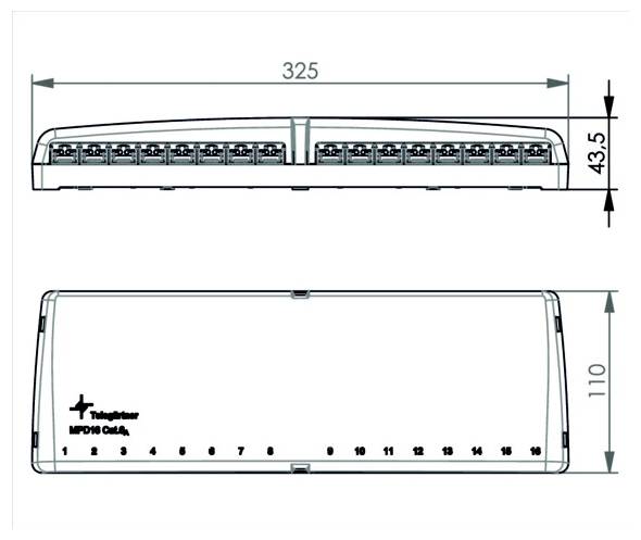 Technický výkres bílého obdélníkového zařízení s pohledem zepředu a shora, ukazující rozměry 325 mm na šířku, 110 mm na výšku a 43,5 mm do hloubky, s očíslovanými porty na přední straně.