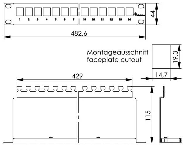 Technický výkres čelního panelu pro montáž na regál s rozměry a výřezy: šířka 482,6 mm, výška 44 mm, otvor 429 mm a výřez čelního panelu 9,3 x 14,7 mm.