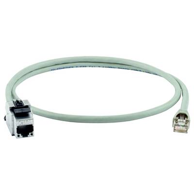 Ethernetový patch kabel s konektory RJ45 na obou koncích, jeden černý a jeden průhledný, zobrazený na bílém pozadí.