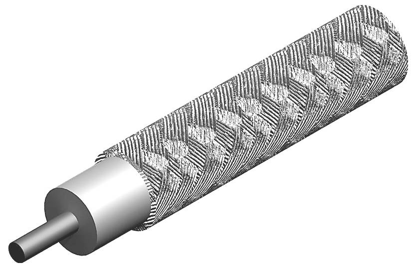 3D vykreslení válcového válečku nebo hřídele se strukturovaným, rýhovaným povrchem a kovovou tyčí vycházející z jednoho konce na bílém pozadí.