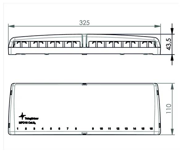 Technický výkres obdélníkového zařízení zobrazený v předním a bočním pohledu, s rozměry 325 mm na šířku, 43,5 mm na výšku a 110 mm na hloubku.