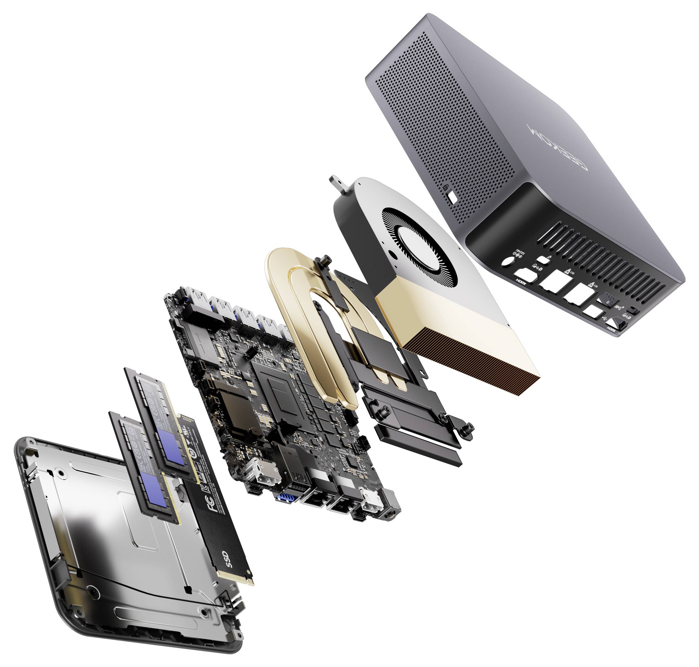 Rozložený pohled na kompaktní mini PC zobrazující vnitřní součásti: skříň, základní desku, paměť, chladicí ventilátor a úložnou jednotku.