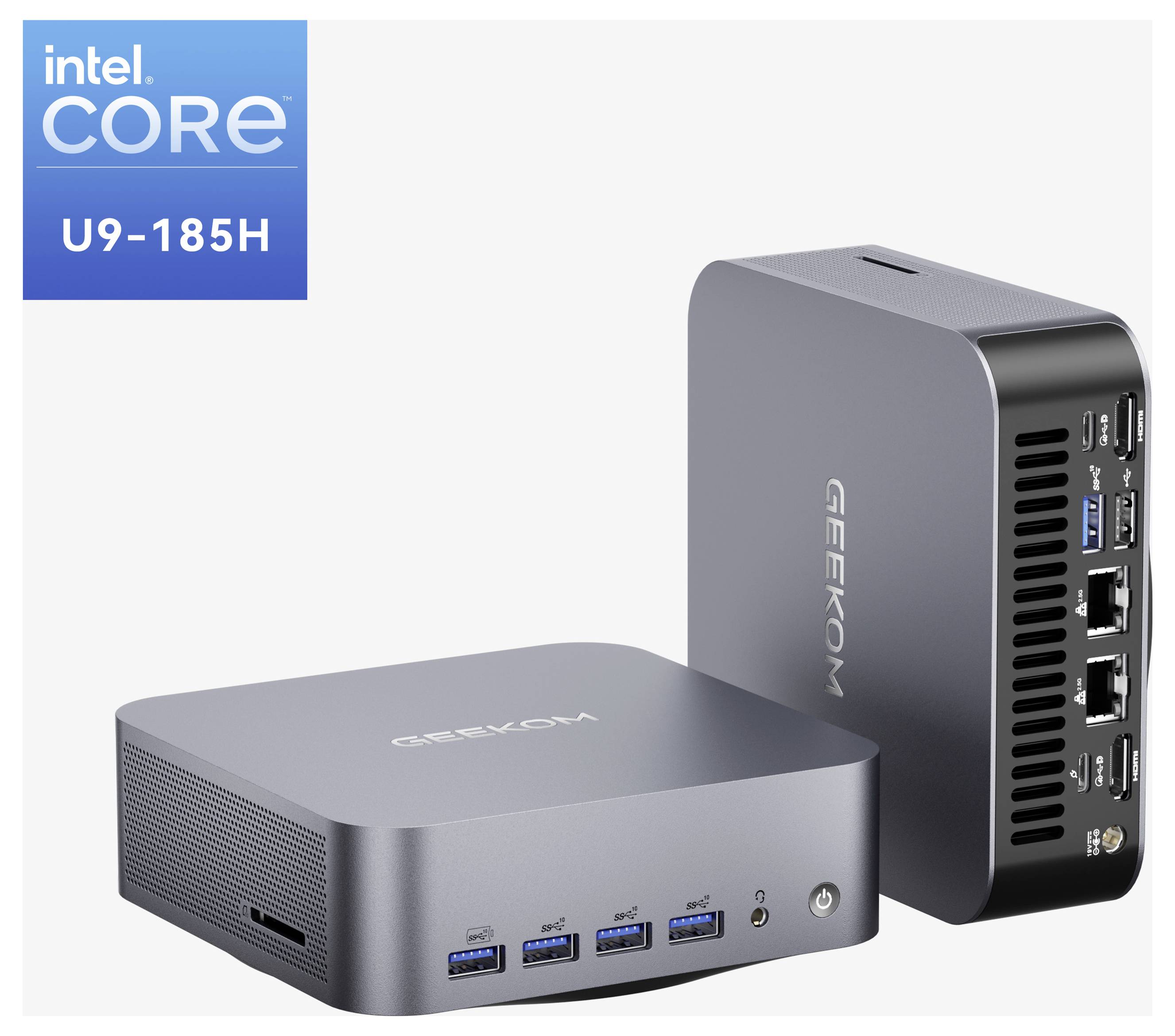 Dva šedé mini počítače GEEKOM jsou zobrazeny, jeden horizontálně a jeden vertikálně, s odznákem Intel Core U9-185H v levém horním rohu.