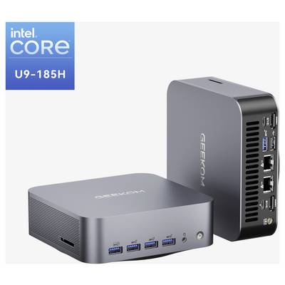 Dva šedé mini počítače GEEKOM jsou zobrazeny, jeden horizontálně a jeden vertikálně, s odznákem Intel Core U9-185H v levém horním rohu.
