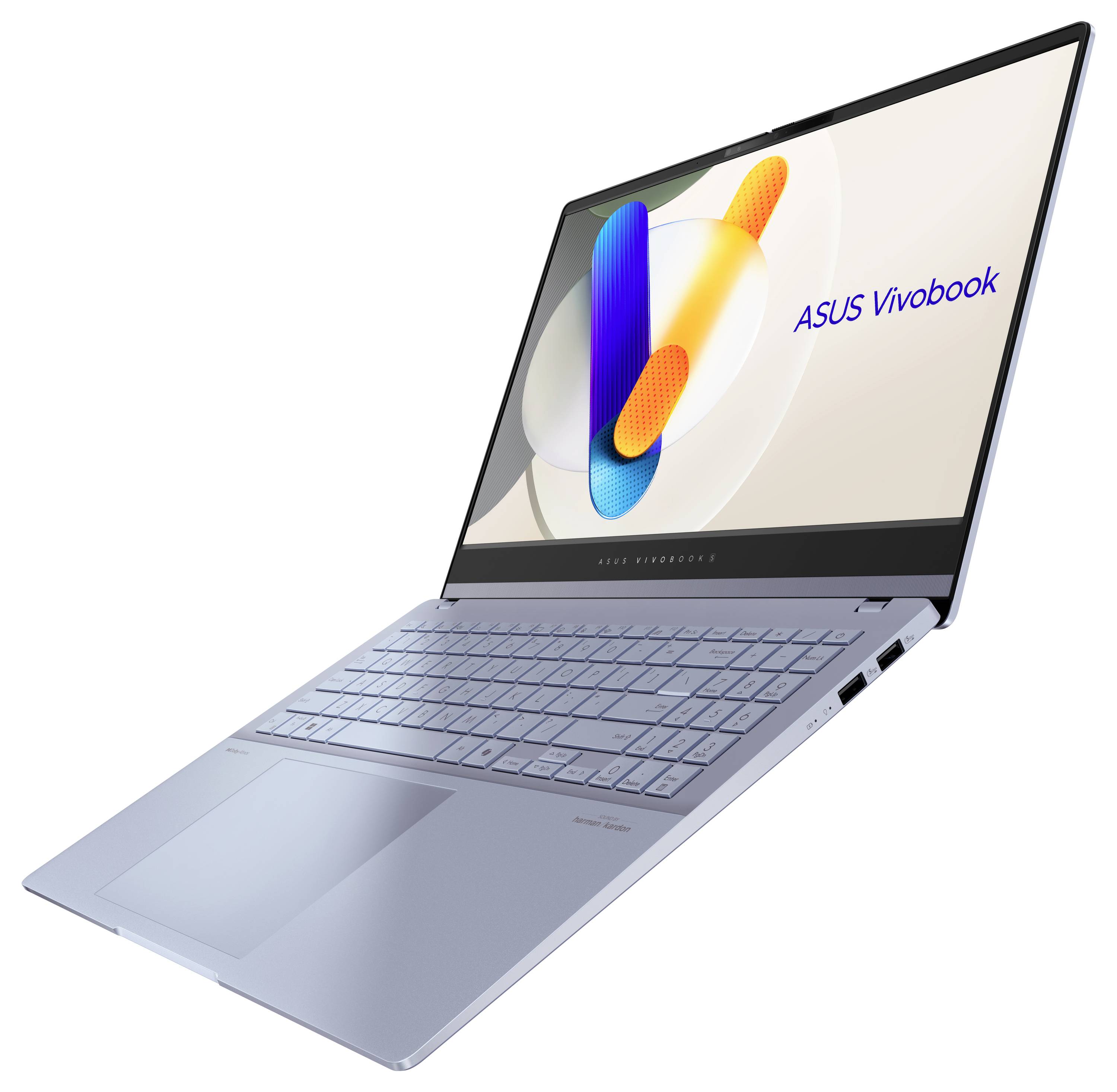Stříbrný laptop ASUS Vivobook s tenkou konstrukcí, otevřený tak, aby byla viditelná obrazovka zobrazující živou abstraktní tvar a text "ASUS Vivobook".