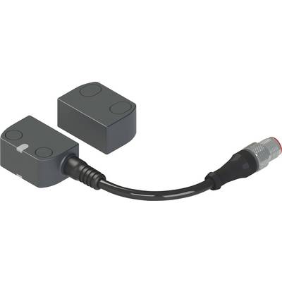 Obdélníkový senzor a kabel s konektorem, používaný v průmyslových zařízeních pro monitorování nebo automatizační úkoly.