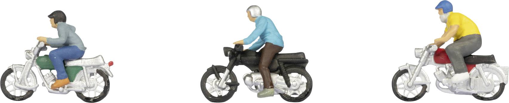 Tři miniaturní figurky na motocyklech, každá v různobarevném oblečení: v šedé, modré a žluté košili, na bílých a černých motocyklech.
