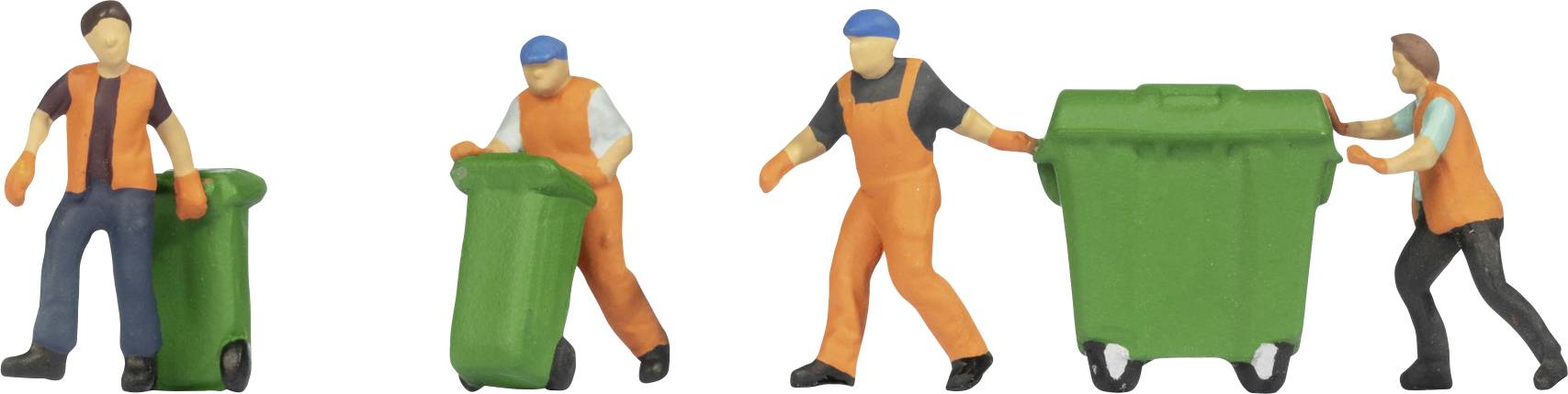 Malé figurky v uniformách tlačí zelené popelnice, zobrazující pracovníky čistoty v akci.