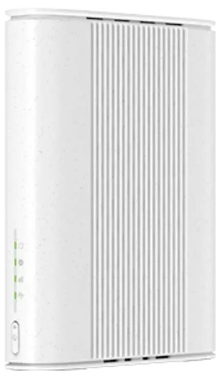 Bílé digitální zařízení se signalizačními diodami na boku, pravděpodobně modem nebo router, s vroubkovanou texturou pro větrání.