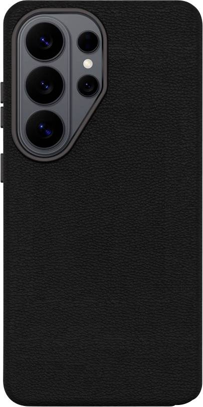 Pouzdro na smartphone s černou texturou kůže a zvýšeným výřezem pro trojitou fotoaparát v levém horním rohu.