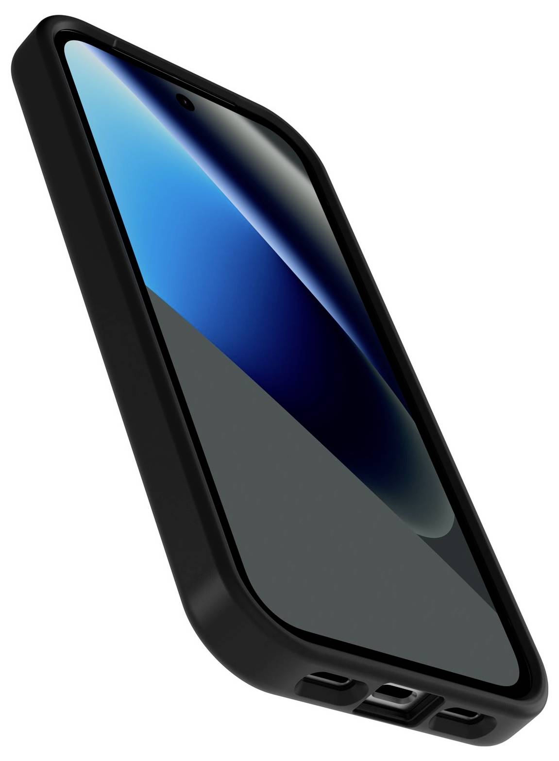 Černý chytrý telefon zobrazený v úhlu s lesklou modrou obrazovkou, výřezem fotoaparátu a ochranným pouzdrem na bílém pozadí.