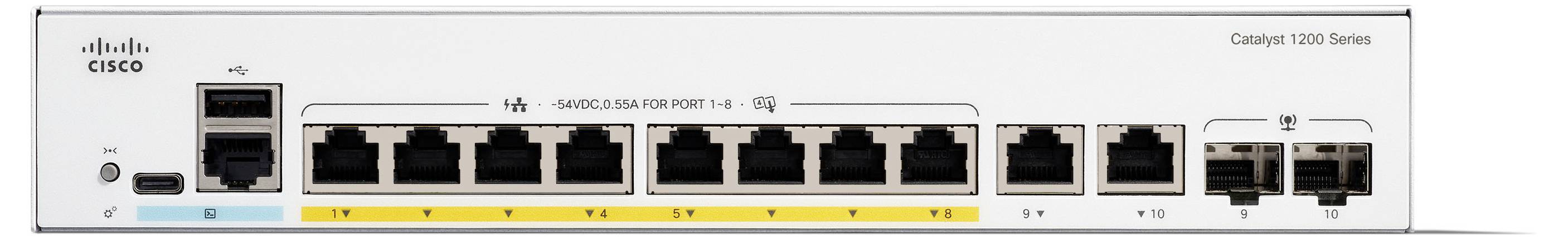 Detailní snímek zadní strany síťového přepínače zobrazující 8 portů Ethernet, 2 porty uplink a zásuvku napájení. Značka říká "Cisco".