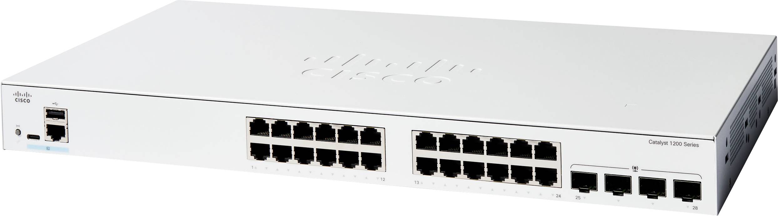 Bílý síťový přepínač s více porty Ethernet a viditelným logem značky.