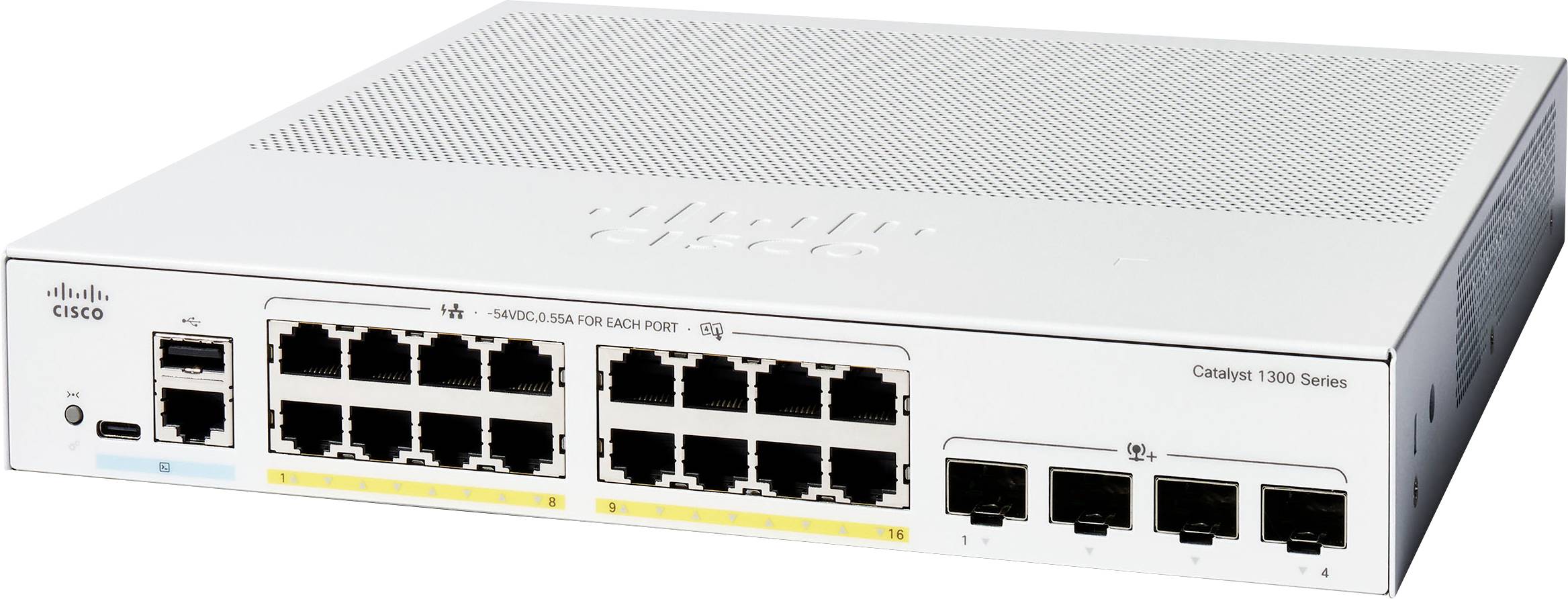 Přepínač řady Cisco Catalyst 3560 s více porty Ethernet na bílém pozadí, zobrazující konfiguraci předního panelu.