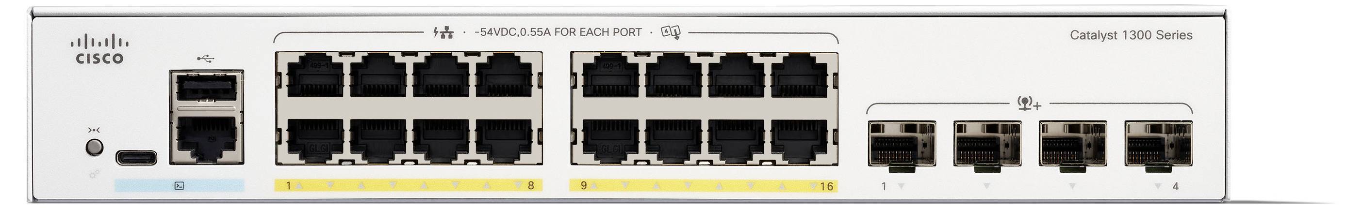 Cisco Catalyst 1000 Series switch s více porty Ethernet, včetně dvou řad po 12 malých čtvercových portech a čtyřech obdélníkových.