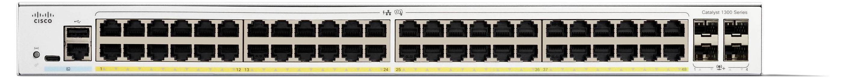 'Zadní pohled na síťový přepínač s více porty Ethernet a dvěma porty optických vláken, určený pro datové připojení a správu sítě.'