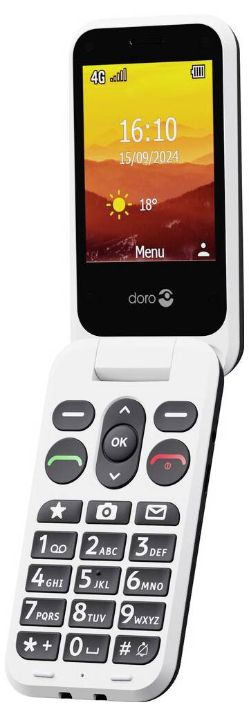 Bílý skládací mobilní telefon s velkými tlačítky a otevřenou obrazovkou zobrazující čas, datum, ikonu počasí a text "Menu".