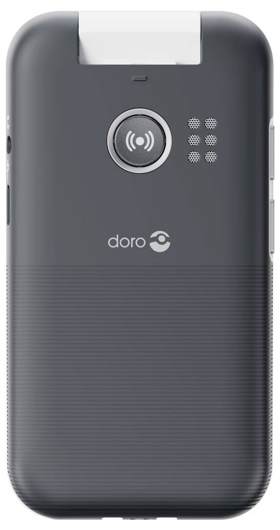 Černý telefon Doro se zadní stranou, na níž je vidět fotoaparát, blesk a logo Doro.