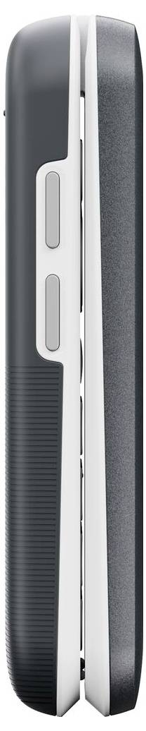Boční pohled na sklopné zařízení v zavřeném stavu, které zobrazuje závěs, tlačítka a elegantní design.