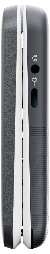 Kompaktní elektronické zařízení s bočními tlačítky pro zapnutí a připojení, s elegantním a minimalistickým designem.