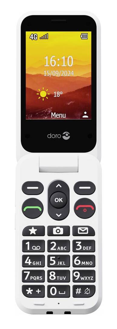 Bílý klopný telefon s obrazovkou zobrazující "16:10", "15/09/2024" a "Menu". Velká tlačítka zahrnují volání, ukončení a směrové ovládací prvky.