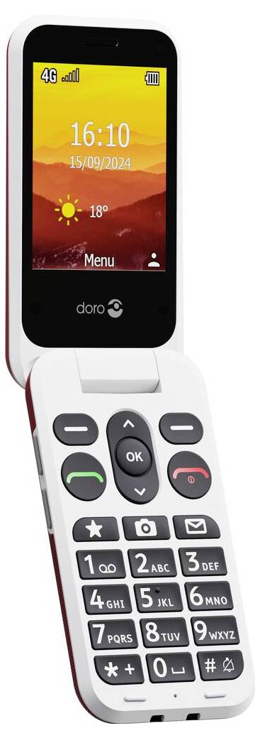 Skládací telefon s barevným displejem zobrazuje čas '16:10' a datum '15/09/2024'. Velká tlačítka níže obsahují možnost menu.
