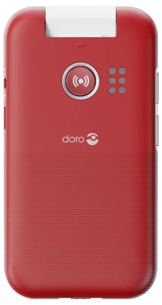 Červený mobilní telefon se nouzovým tlačítkem uprostřed, reproduktorem a logem "doro" níže. Telefon má zakřivený design.