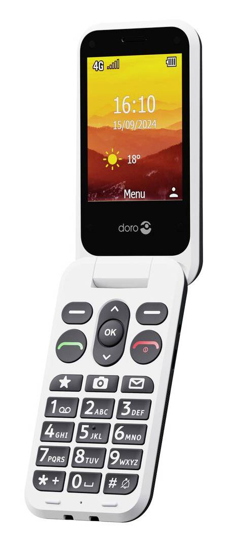 Sklopný telefon s velkými tlačítky, na displeji se zobrazuje 16:10, 15/09/2024 a 18°C. Zařízení nese značku Doro.