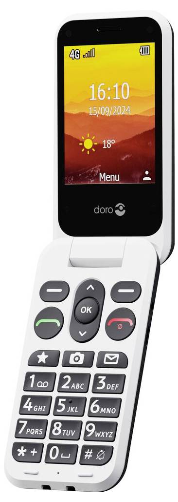 Klávesnicový telefon s velkými tlačítky, malou obrazovkou zobrazující „16:10, 15/09/2024" a rozhraním nabídky. Ideální pro přístupnost.