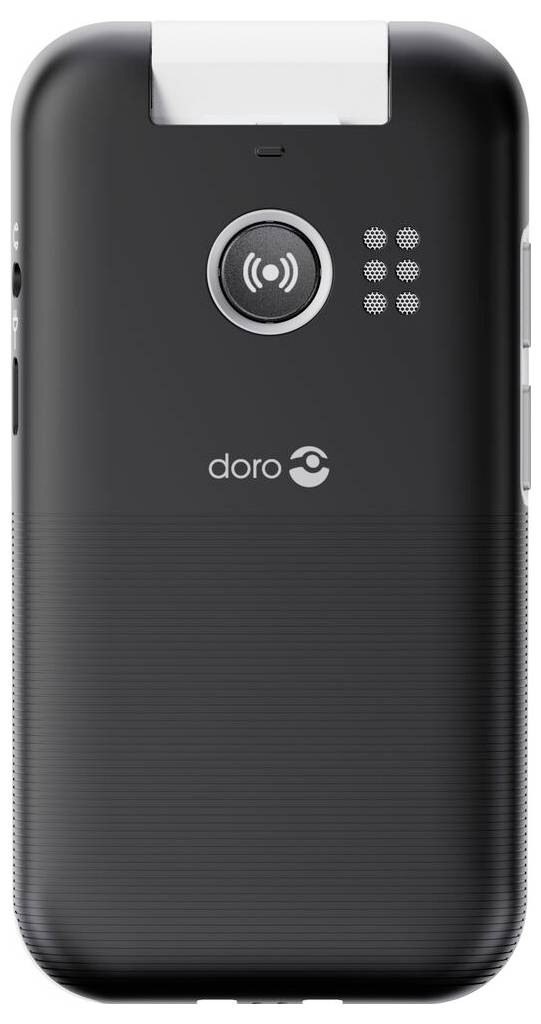 Černo-stříbrný mobilní telefon s tlačítkem nouzového volání, reproduktorem a značkou „Doro" na zadní straně. Ideální pro starší uživatele.