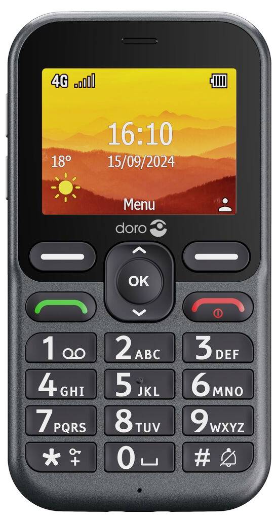 Černý mobilní telefon s barevným displejem zobrazujícím '16:10' a '15/09/2024', velké numerické klávesnice a základní ovládací tlačítka.