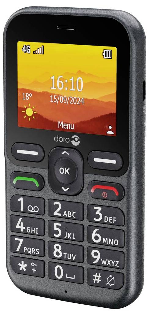 Černý mobilní telefon s klávesnicí zobrazující datum 15/09/2024, čas 16:10 a ikony pro 4G signál a předpověď slunečného počasí.