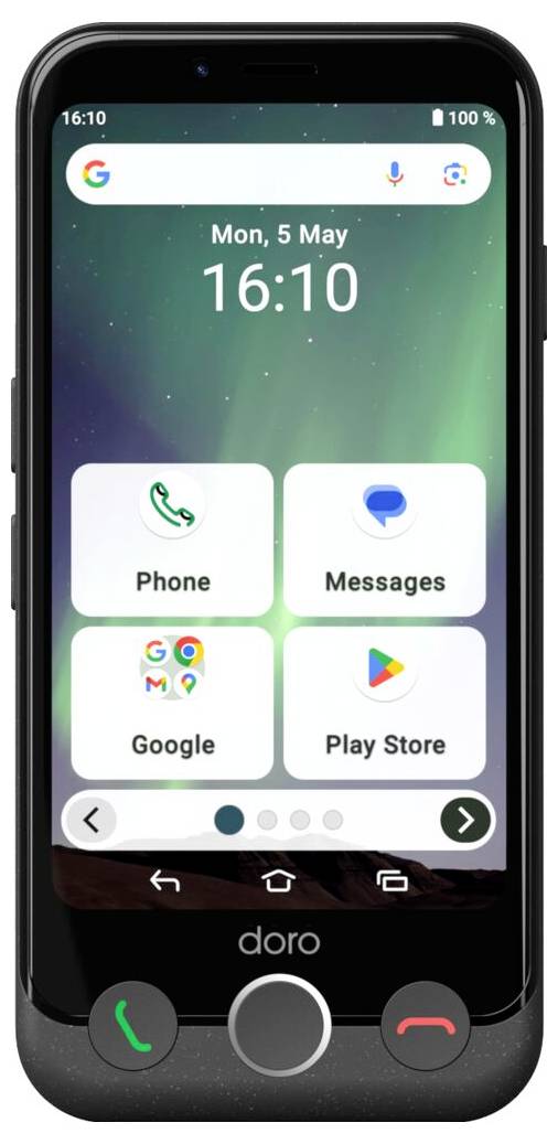Chytrý telefon s tmavým rámem zobrazuje domovskou obrazovku s velkými ikonami pro Telefon, Zprávy, Google a Play Store pod časem „16:10".