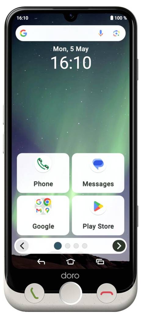 Obrazovka chytrého telefonu zobrazující datum „Po, 5. května" a čas „16:10", s velkými ikony pro Telefon, Zprávy, Google a Play Store.