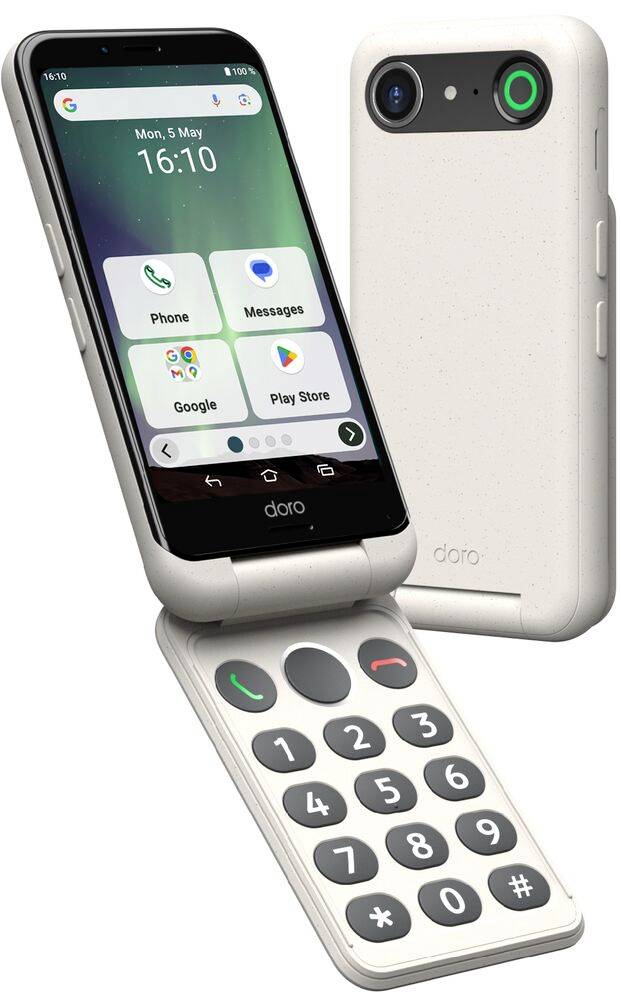 Skládací chytrý telefon s velkými tlačítky a obrazovkou zobrazující ikony "Telefon", "Zprávy", "Google" a "Play Store", na kterých je viditelný čas 16:10.