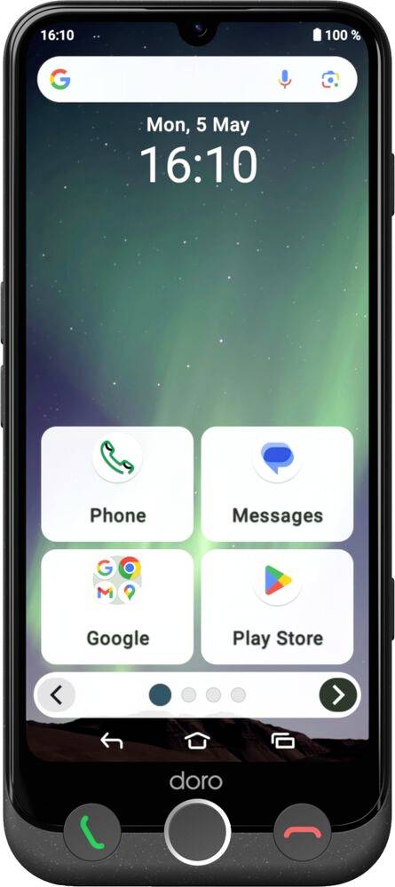 Obrazovka chytrého telefonu zobrazující jednoduché rozhraní s velkými ikonami pro Telefon, Zprávy, Google a Play Store, umístěné na pozadí nebeské scény.