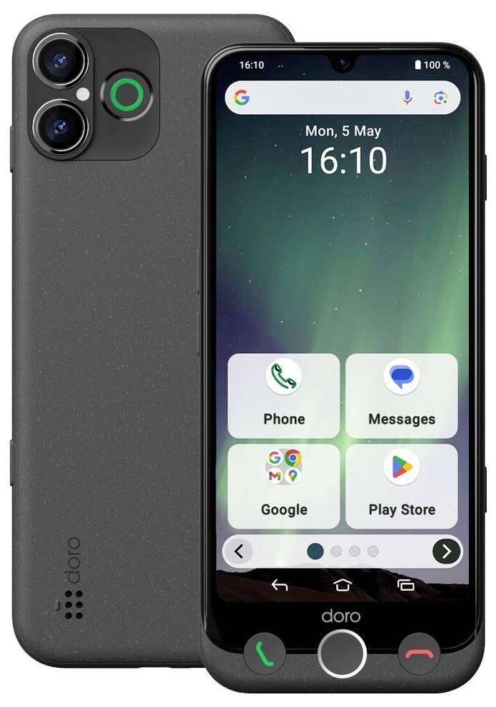 Chytrý telefon s velkým displejem zobrazuje ikony aplikací jako "Telefon", "Zprávy", "Google" a "Play Store". Datum zařízení je pondělí 5. května, čas 16:10.