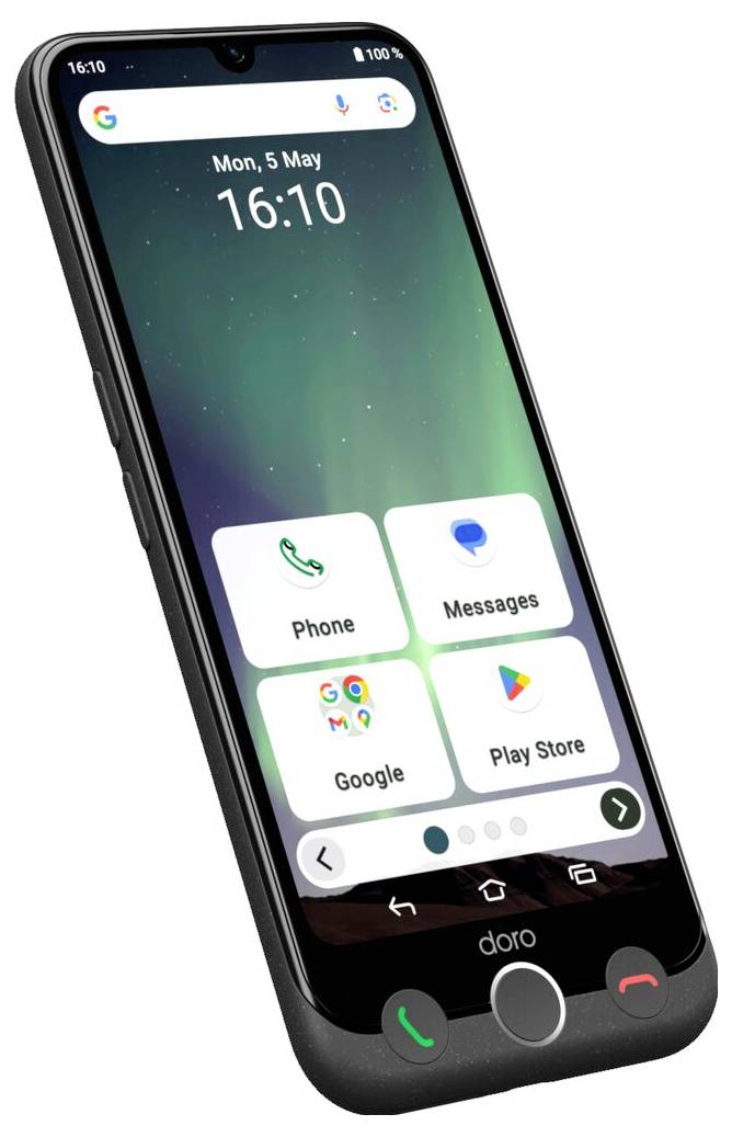 Černý smartphone zobrazující domovskou obrazovku s ikonami pro "Telefon", "Zprávy", "Google" a "Play Store". Zobrazený čas je 16:10.