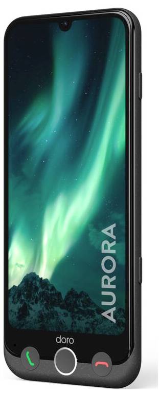 Chytrý telefon zobrazující vibrantní polární záři na své obrazovce, se slovem "AURORA" napsaným svisle na boku.