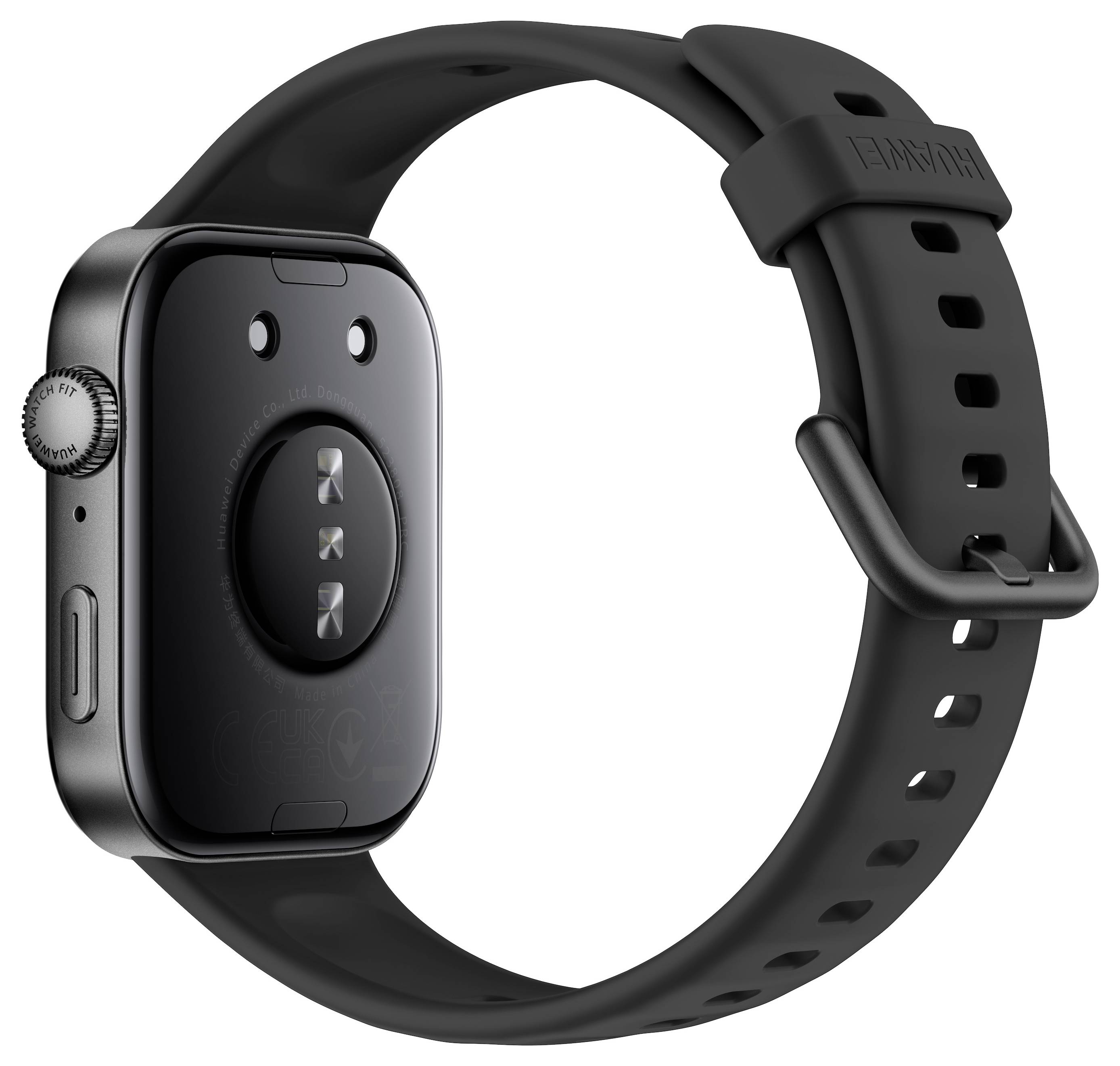 Chytré hodinky s tmavým páskem a obdélníkovým dotykovým displejem, které vykazují elegantní design a postranní tlačítka pro navigaci.