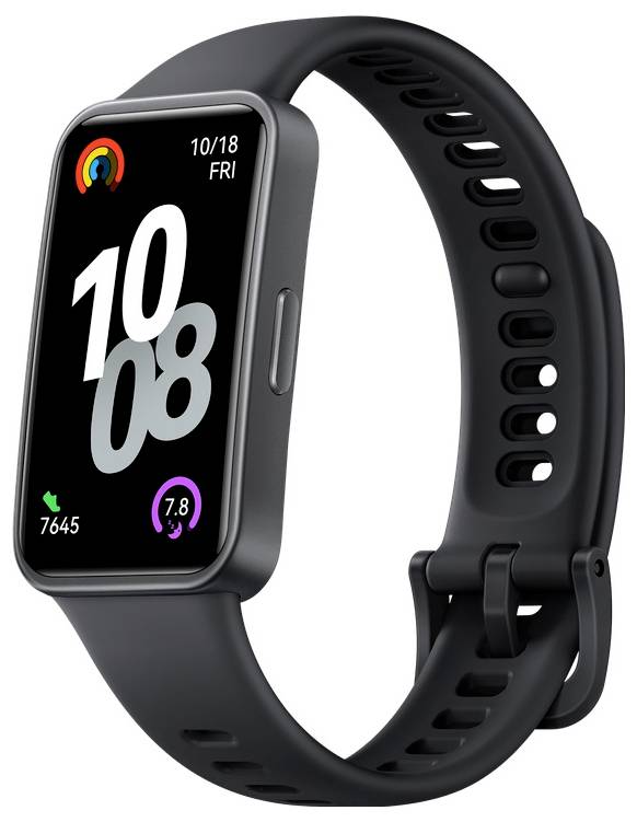 Černé chytré fitness hodinky zobrazující čas, datum a různé fitness statistiky, včetně počtu kroků a barevného aktivity prstenu.