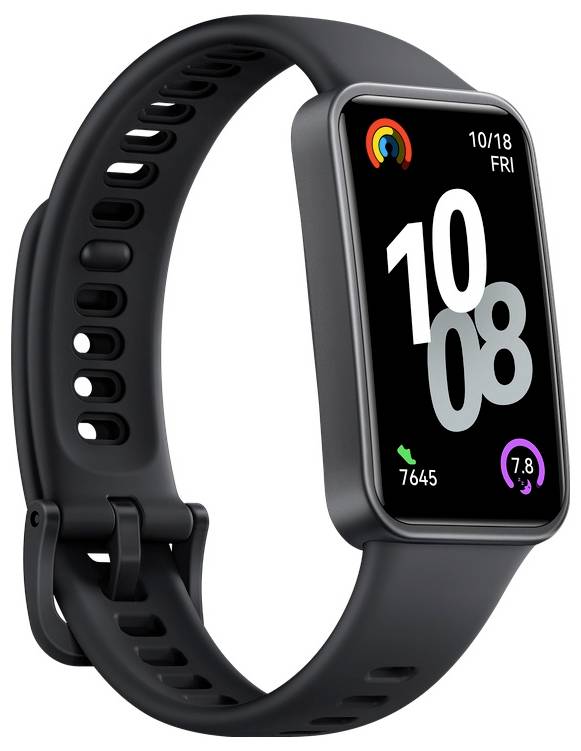 Černé fitness hodinky zobrazující čas jako '10:08', datum '18. 10. PÁT', počet kroků '7645' a indikátor srdeční frekvence '7.8'.