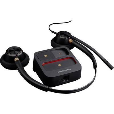 Headset s černou základnou označenou 'Plantronics,' zobrazující ikony sluchátek a telefonu, navržený pro komunikační zařízení.
