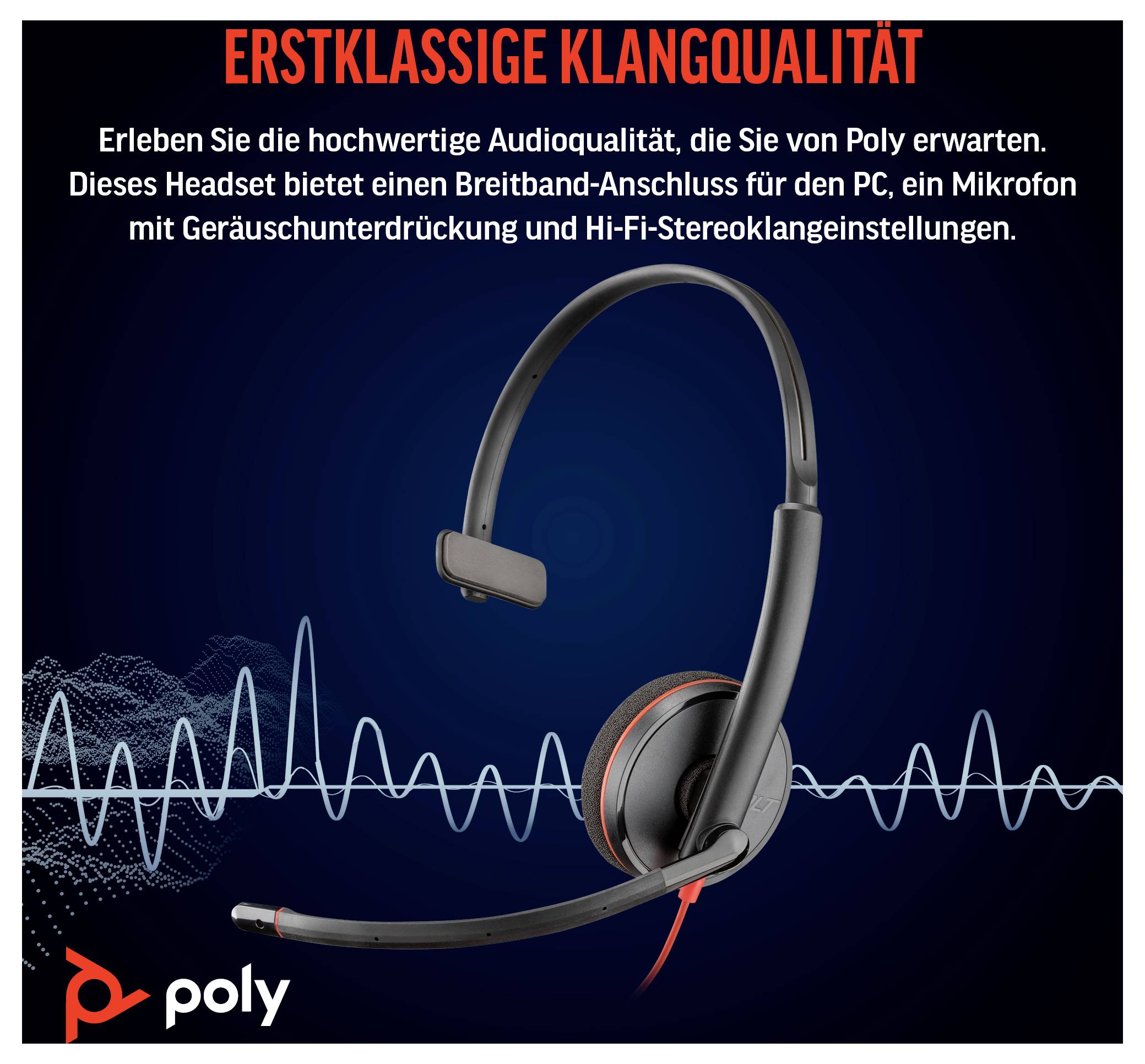 Sluchátka s mikrofonem a funkcí potlačení hluku jsou zobrazena. Text zní "Erstklassige Klangqualität" (Prvotřídní kvalita zvuku) nad grafiky zvukových vln.