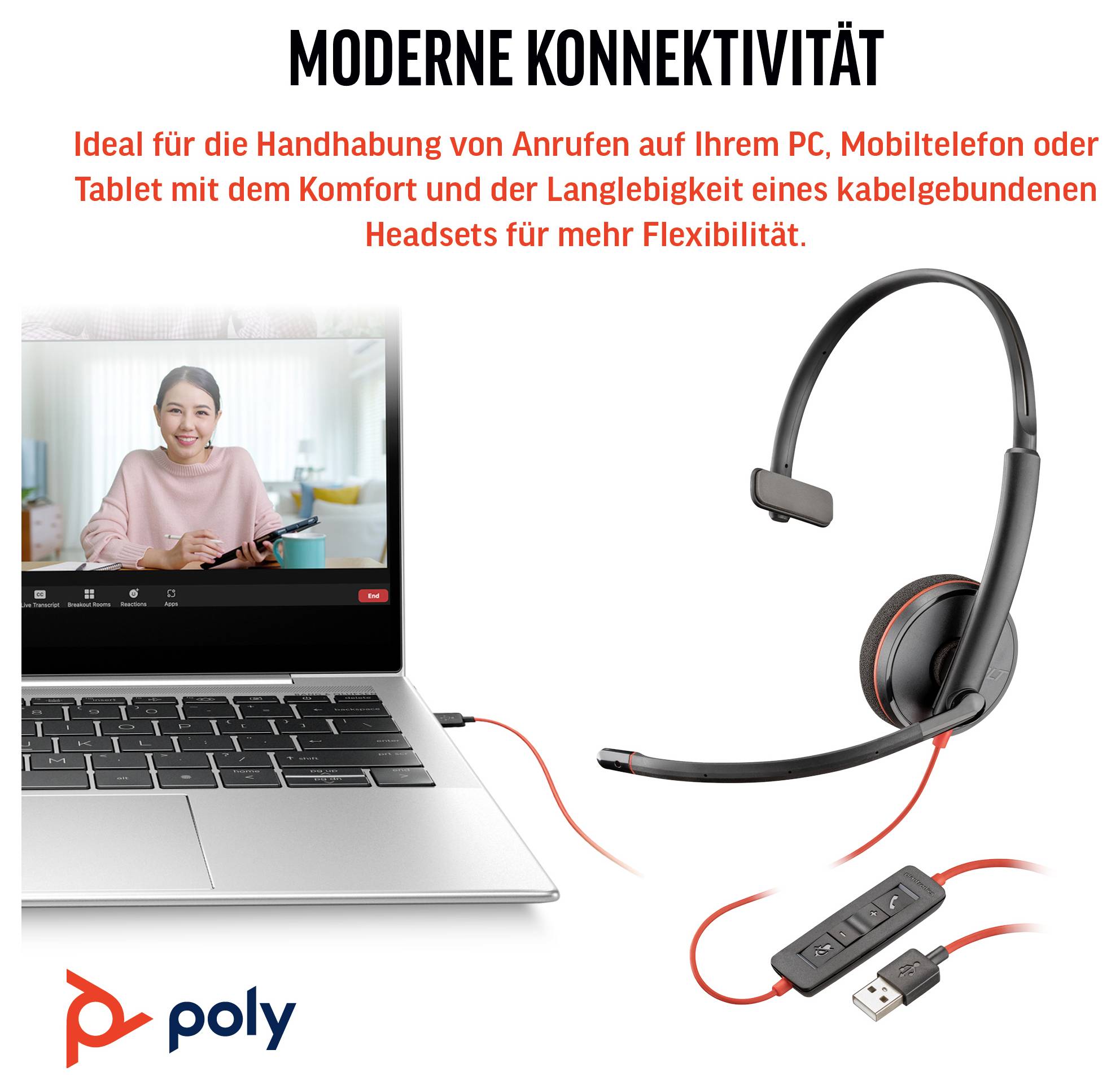 Přenosný počítač s obrazovkou videohovoru vlevo. Sluchátka s USB připojením jsou zobrazena vpravo. Text: 'MODERNÍ KONEKTIVITA'.