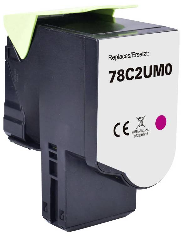 Černá cartridge s tiskářským inkoustem označená 'Replaces/Ersetzt: 78C2UM0' se zeleným táhlem a purpurovým barevným bodem