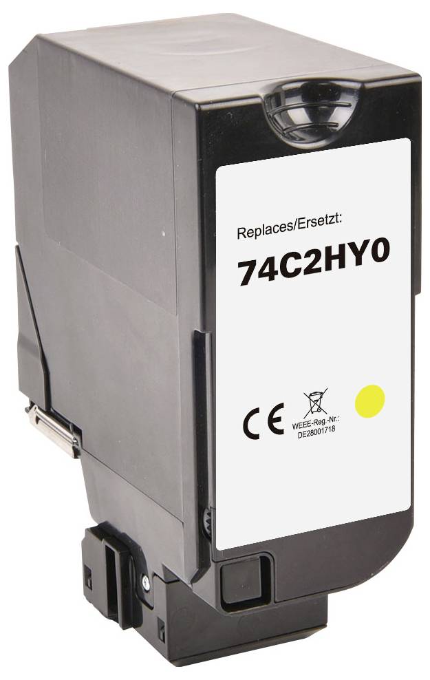 Černá cartridge tiskárny značená 'Replaces/Ersetzt: 74C2HY0' se značkami CE, zobrazená na bílém pozadí.