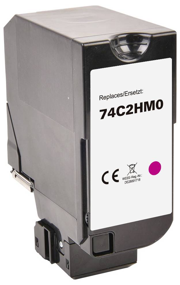Černá náplň do tiskárny označená 'Náhrada za/Ersetzt: 74C2HMO' se symboly CE na bílém pozadí.